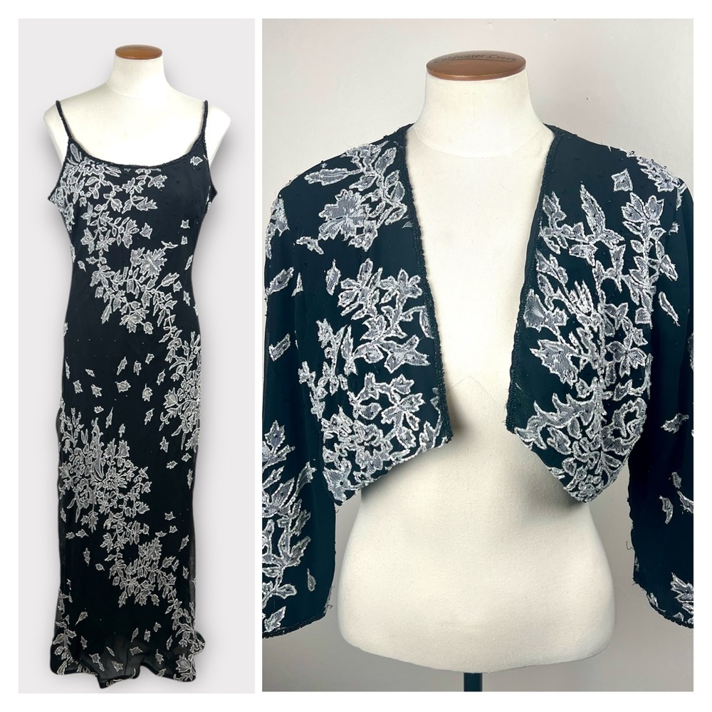 Vintage 90s Stenay Beaded Slip Dress Gown and Bolero Jacket Formal